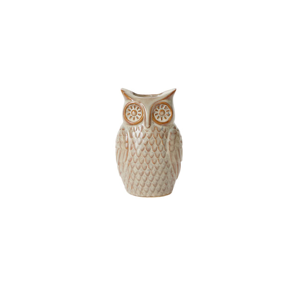The Great Horned Owl Vase, crafted from beige ceramic and featuring detailed feather patterns and large round eyes, is displayed against a plain white background.