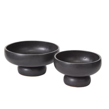 Load image into Gallery viewer, Two Glossy Black Compote bowls with rounded bases and wide openings, ideal for ikebana, are placed side by side on a white surface—the larger bowl is on the left, the smaller on the right.