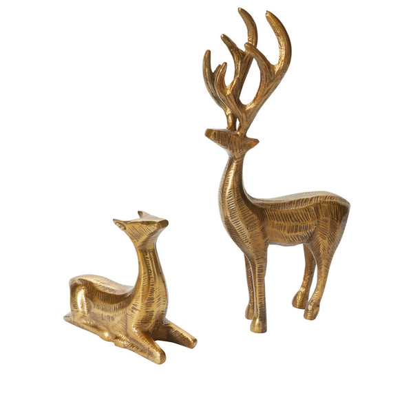 The Golden Prancer Reindeer Figurine set includes one sitting and one standing gold-colored reindeer with large antlers and a textured finish, adding an elegant touch to your holiday decor.