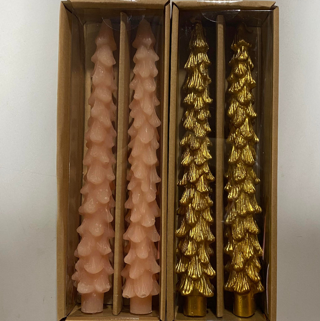 The S/2 Tree Taper Candles set includes four scentless, tree-shaped tapers: two light pink and two metallic gold. Each candle comes in its own cardboard box, packaged side by side.