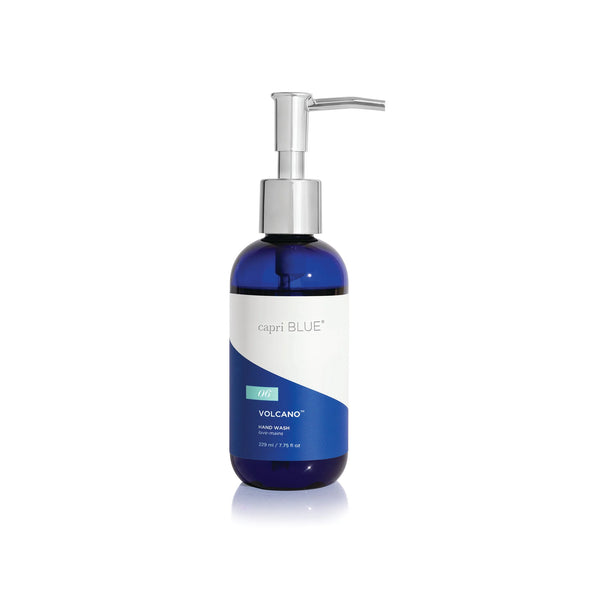 A blue bottle of Volcano Hand Wash with a silver pump and white-blue label. This hydrating wash is enriched with plant-based glycerin to leave your skin soft and nourished.