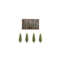 Load image into Gallery viewer, A box of four unscented green Christmas tree-shaped taper candles (Box/4 Shaped Candles) is displayed in a row on a plain white background, perfect for festive holiday décor.