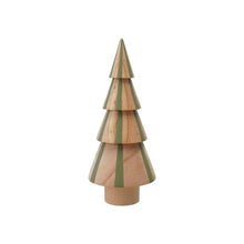 Load image into Gallery viewer, Add a charming festive touch with the Hand Painted Wood Tree—a cone-shaped, wooden figurine featuring three stacked tiers and vertical green stripes on natural wood, perfect for Christmas decor.