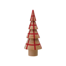 Load image into Gallery viewer, The Hand Painted Wood Tree is a wooden, cone-shaped Christmas tree with four tiers adorned with red grid lines, creating a charming holiday accent. It stands upright against a plain white background.