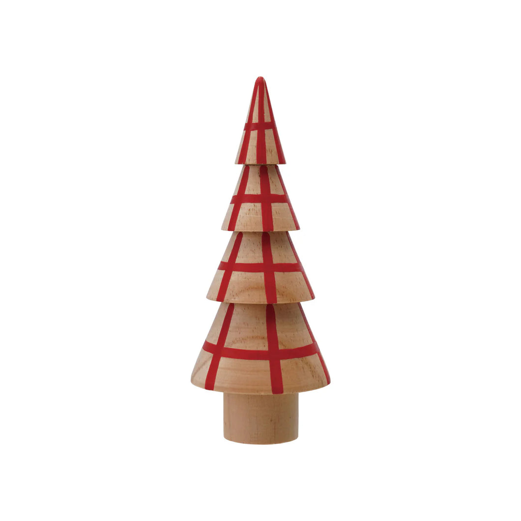 The Hand Painted Wood Tree is a wooden, cone-shaped Christmas tree with four tiers adorned with red grid lines, creating a charming holiday accent. It stands upright against a plain white background.
