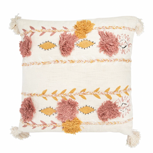 Cotton Embroidered Pillow w/ Tassels & Applique