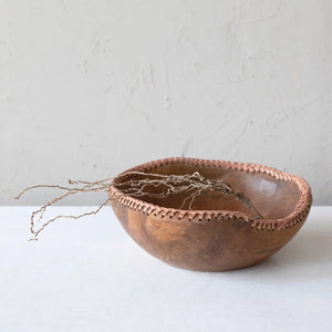 Teak Wood Bowl w/ Leather