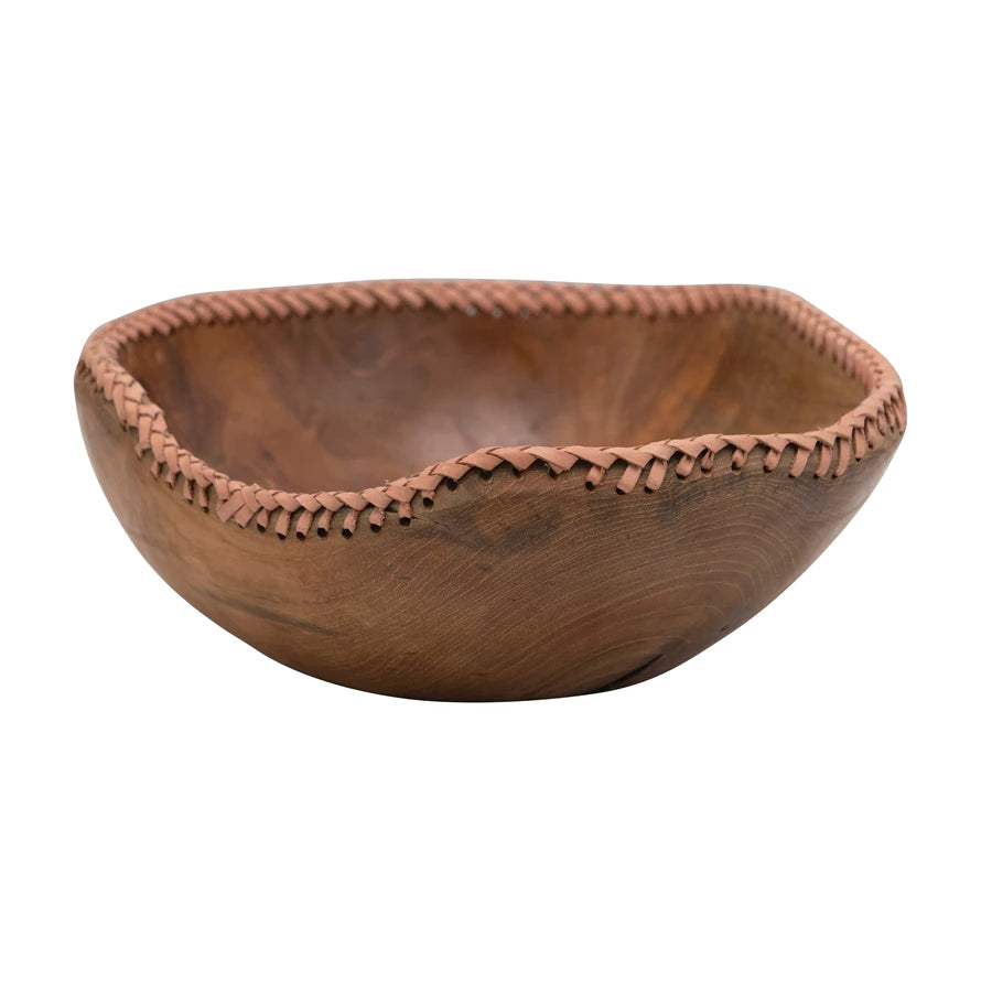 Teak Wood Bowl w/ Leather